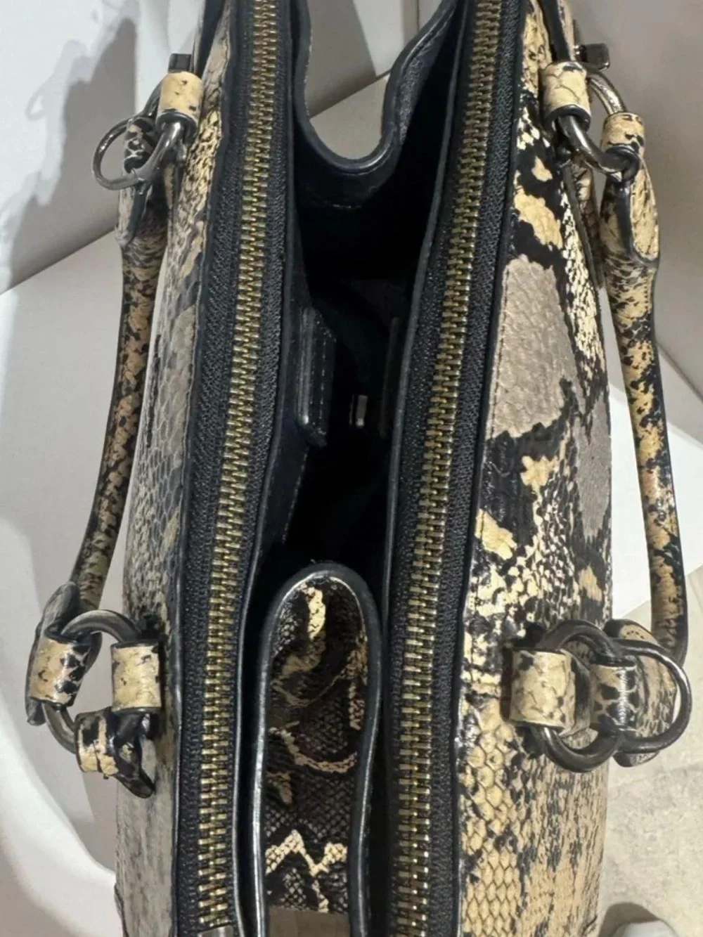 Coach Snake-Print Satchel in Black, Cream & Taupe
